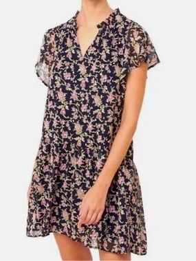 LOFT Black Floral V-Neck Flutter Sleeve Mini Dress